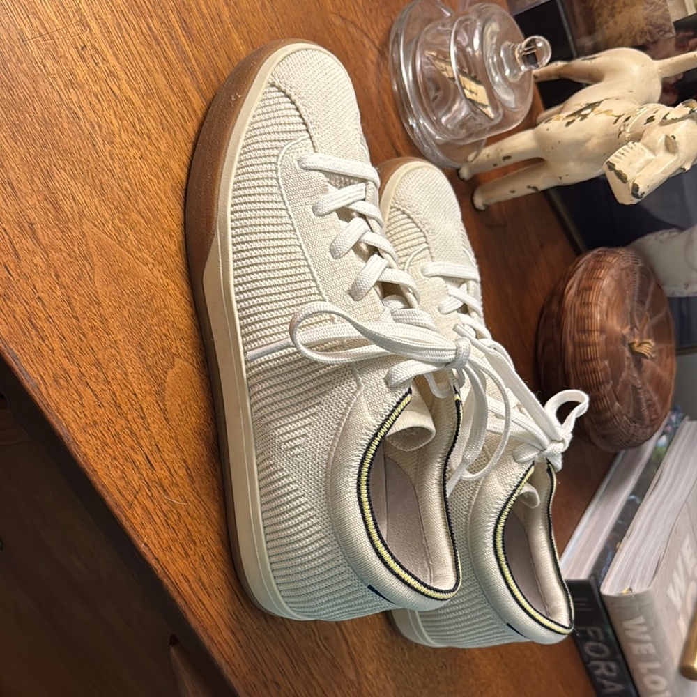 Rothy's Cream Knit Lace-Up Sneakers with Subtle Black & Yellow Trim - Picture 6 of 7